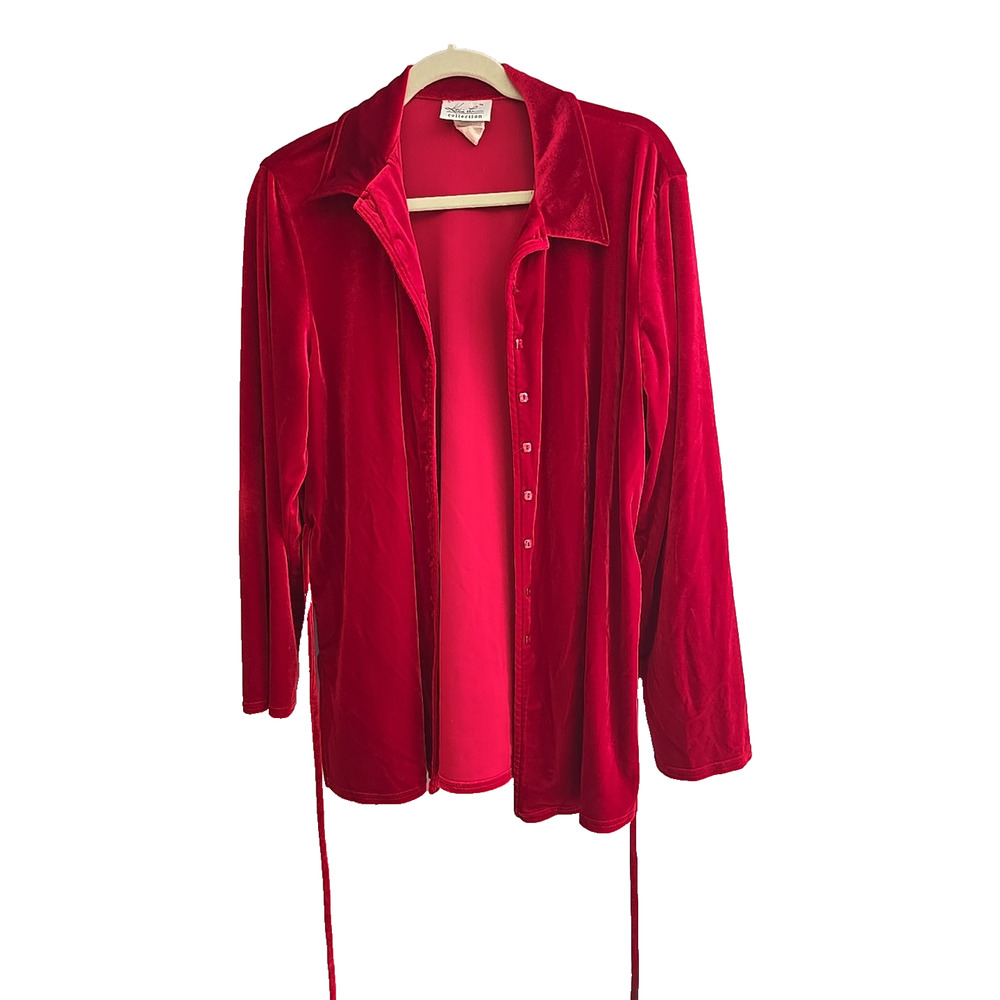 VTG‎ Y2K Kathie Lee Red Velvet Tie Waist Long Sleeve Button Down Shirt Womans XL